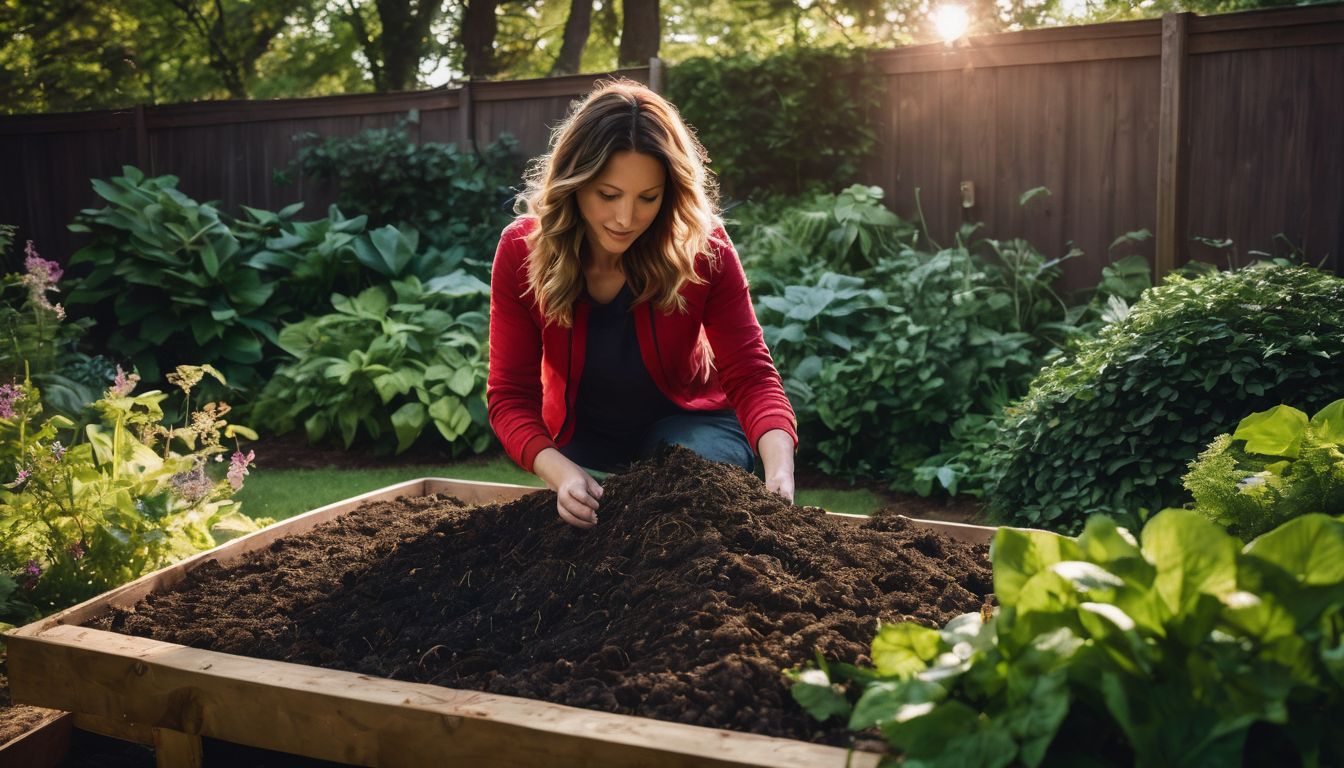 A person turning a compost pile in a vibrant garden, surrounded by diverse people and wearing various outfits.