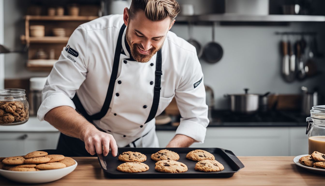 A chef holding a tray of freshly baked cookies in a modern kitchen, capturing a bustling atmosphere.