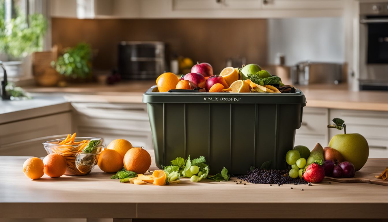 A neat kitchen compost bin with various fruit and vegetable peels, captured with a high-quality camera.