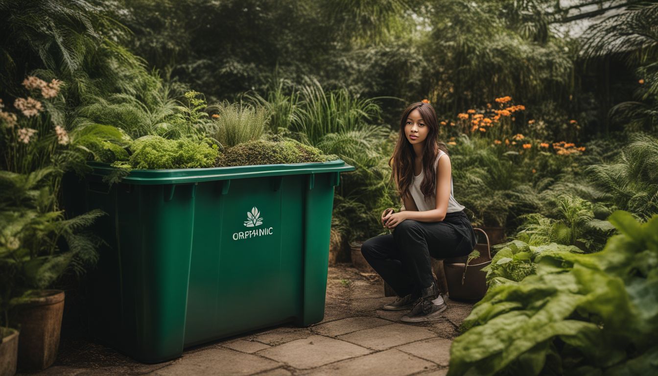 A vibrant garden with a compost bin and a diverse group of people, featuring various hairstyles and outfits.