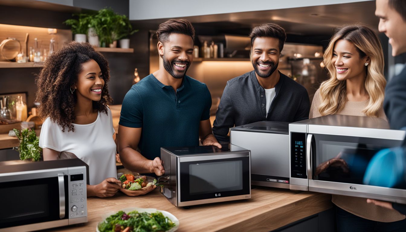 A diverse group of customers happily hold LG over-the-range microwaves in a bustling atmosphere.