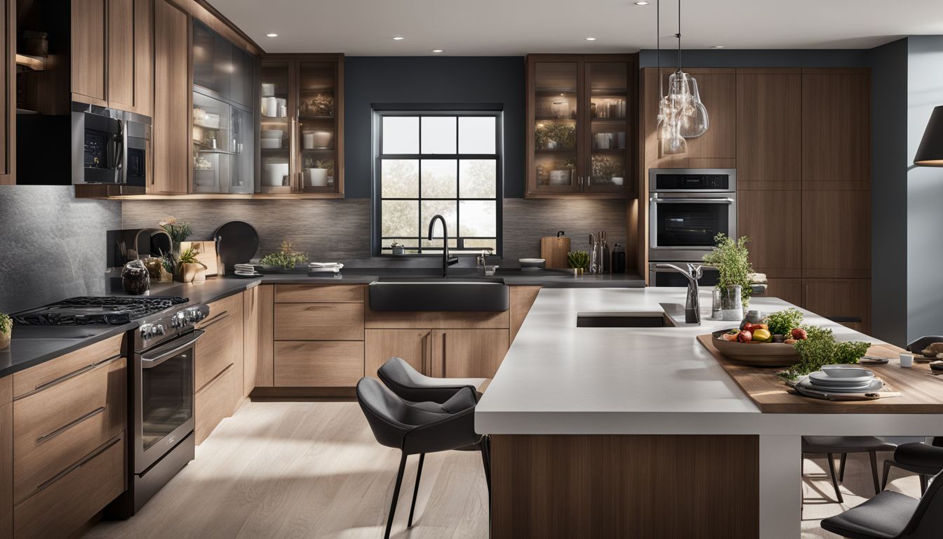 A photo of a modern kitchen featuring a sleek Samsung Over-the-Range Microwave.