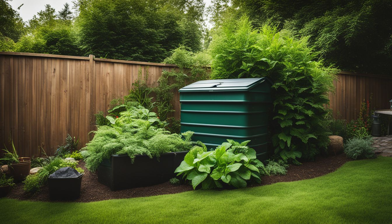 A backyard compost bin with a variety of plants and people of different ethnicities, hair styles, and outfits.