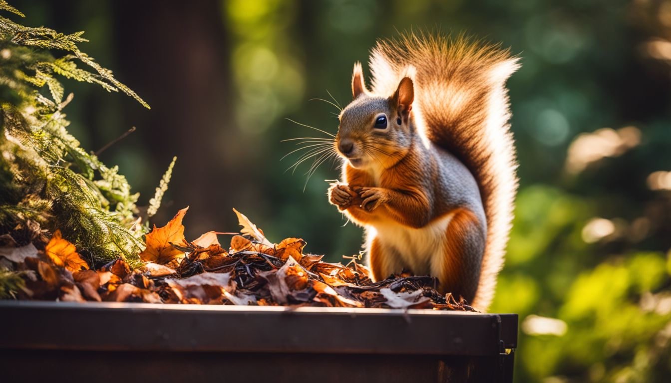 A cute squirrel peeks out of a compost bin surrounded by forest foliage in a bustling atmosphere, captured in high resolution.