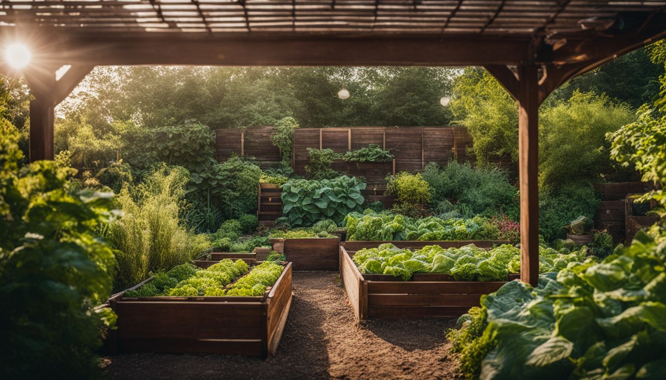A vibrant vegetable garden with a compost pile, diverse plant life, and people of different appearances and styles.