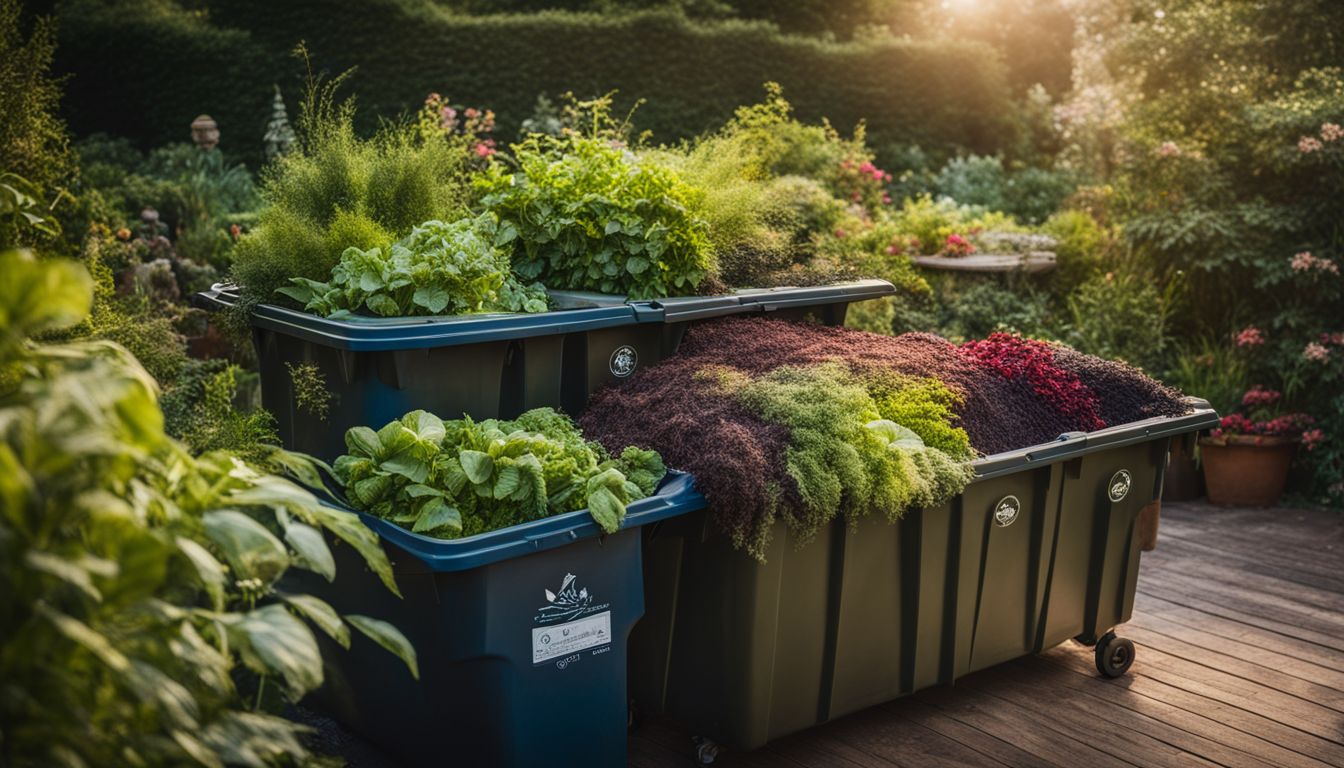 An image of a compost bin surrounded by a flourishing garden, featuring diverse faces, hairstyles, and outfits.
