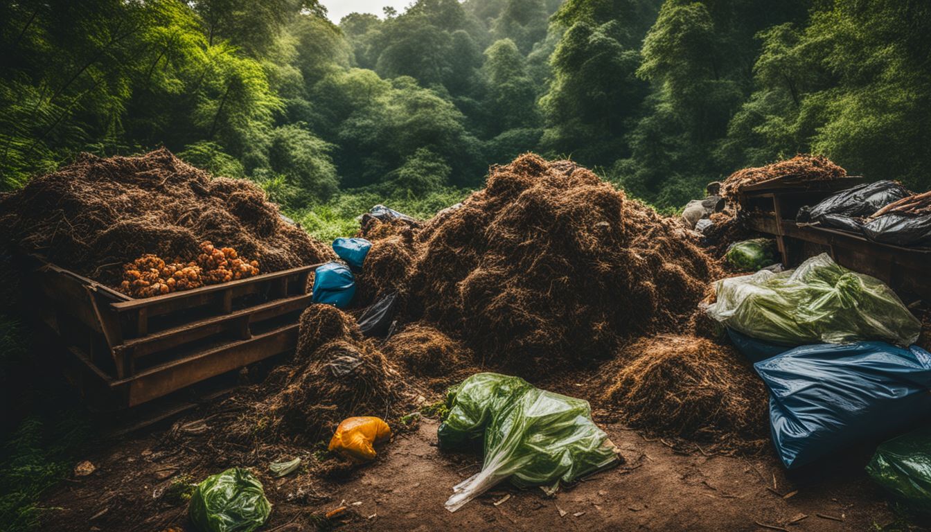A photo of organic waste surrounded by lush greenery, with people of diverse appearances and attire.