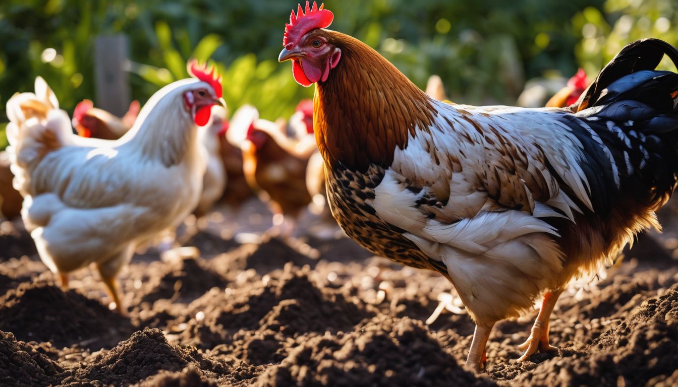 A lively group of chickens surrounded by compost in a well-lit chicken yard, captured in a sharp and detailed photograph.