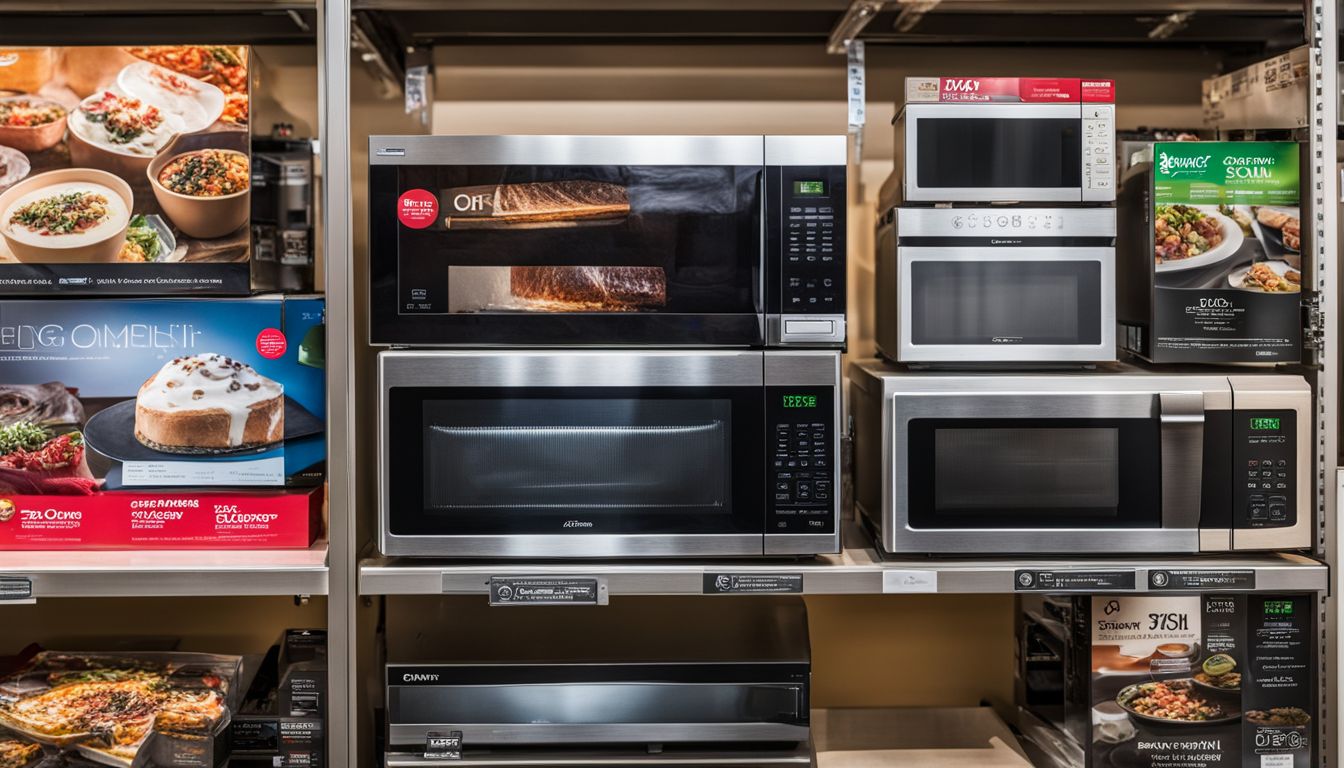 The image shows a selection of discounted microwave ovens on a store shelf.