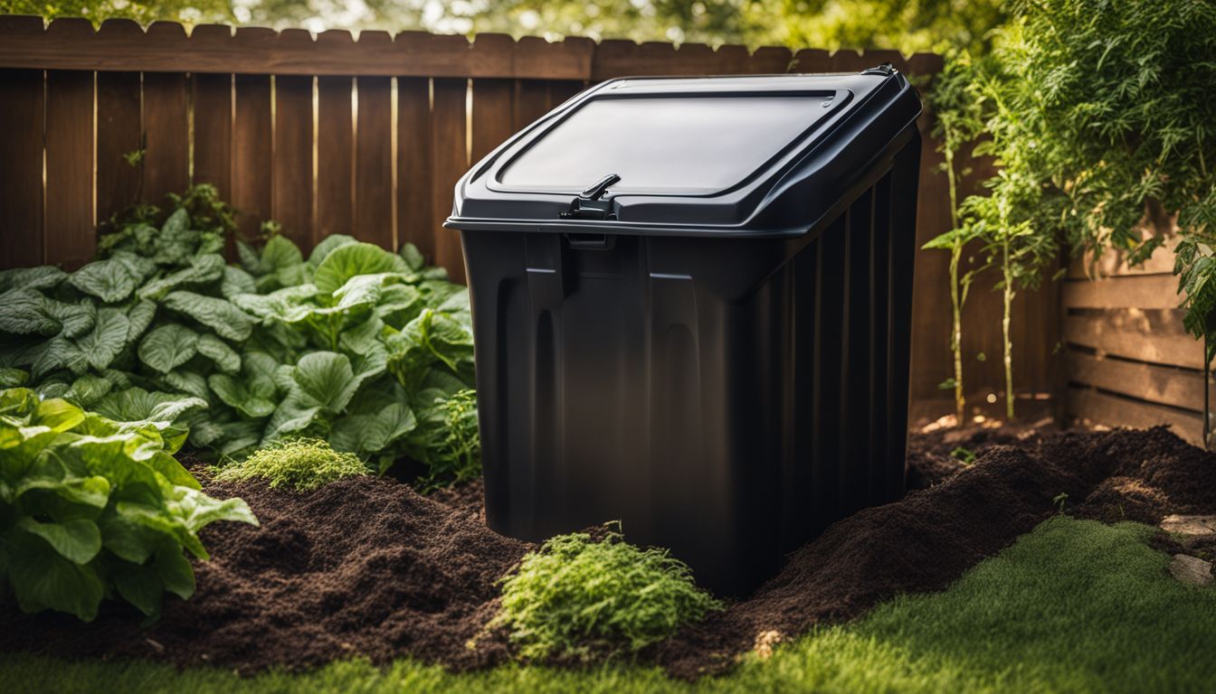 A compost bin in a vibrant garden with diverse people and beautiful photography.