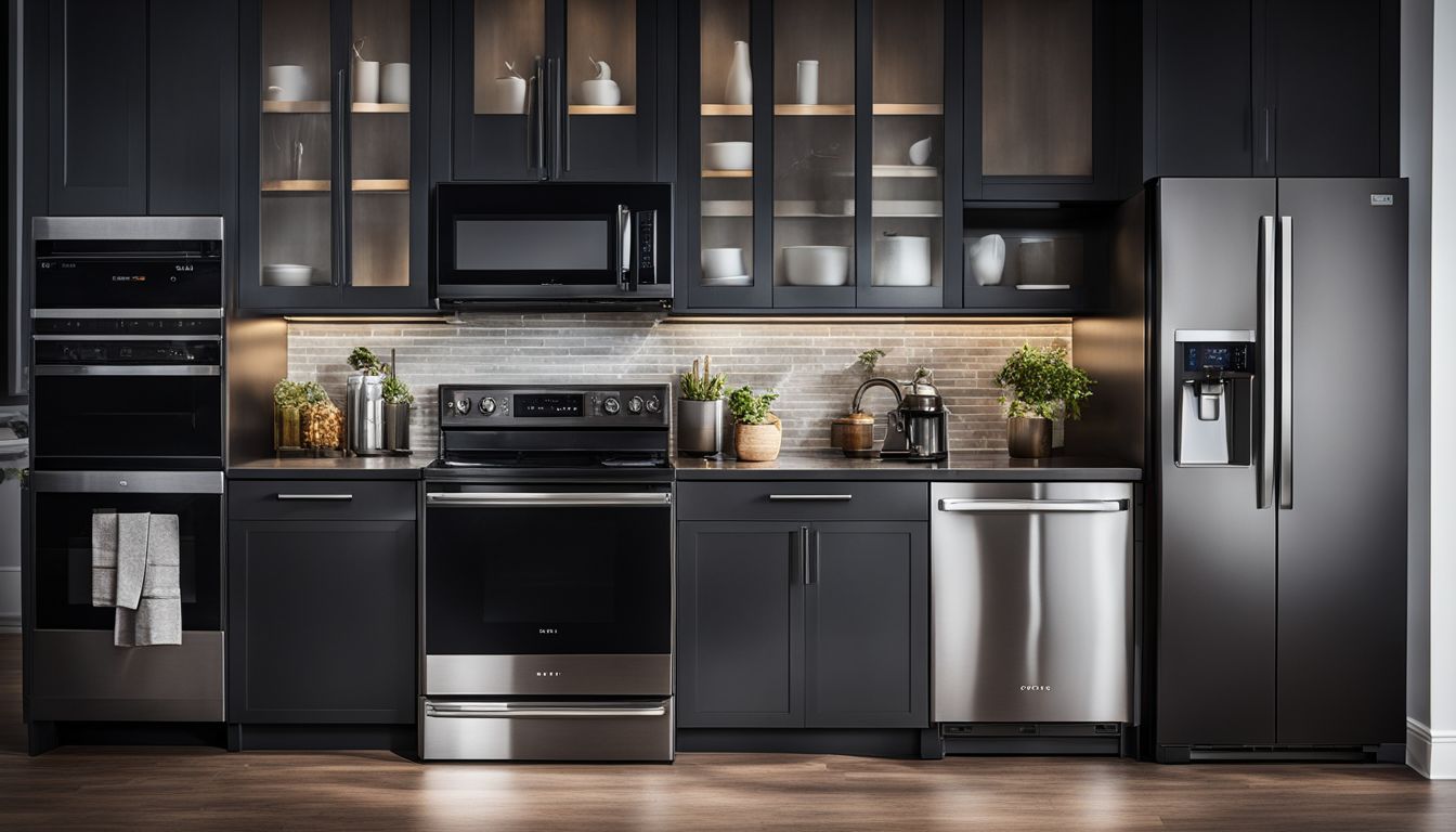 A black stainless steel appliance stands out in a modern kitchen amidst a bustling atmosphere of diverse people.