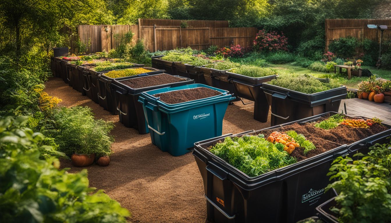 A vibrant garden with composting bins and diverse people, showcasing the beauty of nature and sustainable practices.
