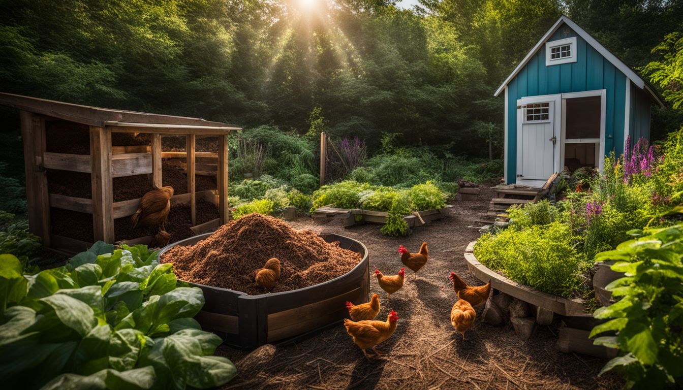 A vibrant compost pile in a backyard garden with chickens and a busy atmosphere. Different people and styles are shown.