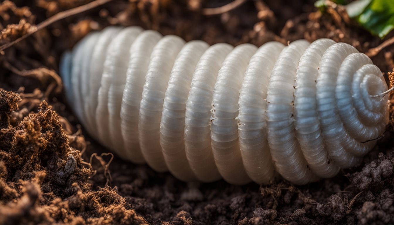 A close-up photo of a composting worm cocoon in rich soil, with diverse people in different outfits and hairstyles.