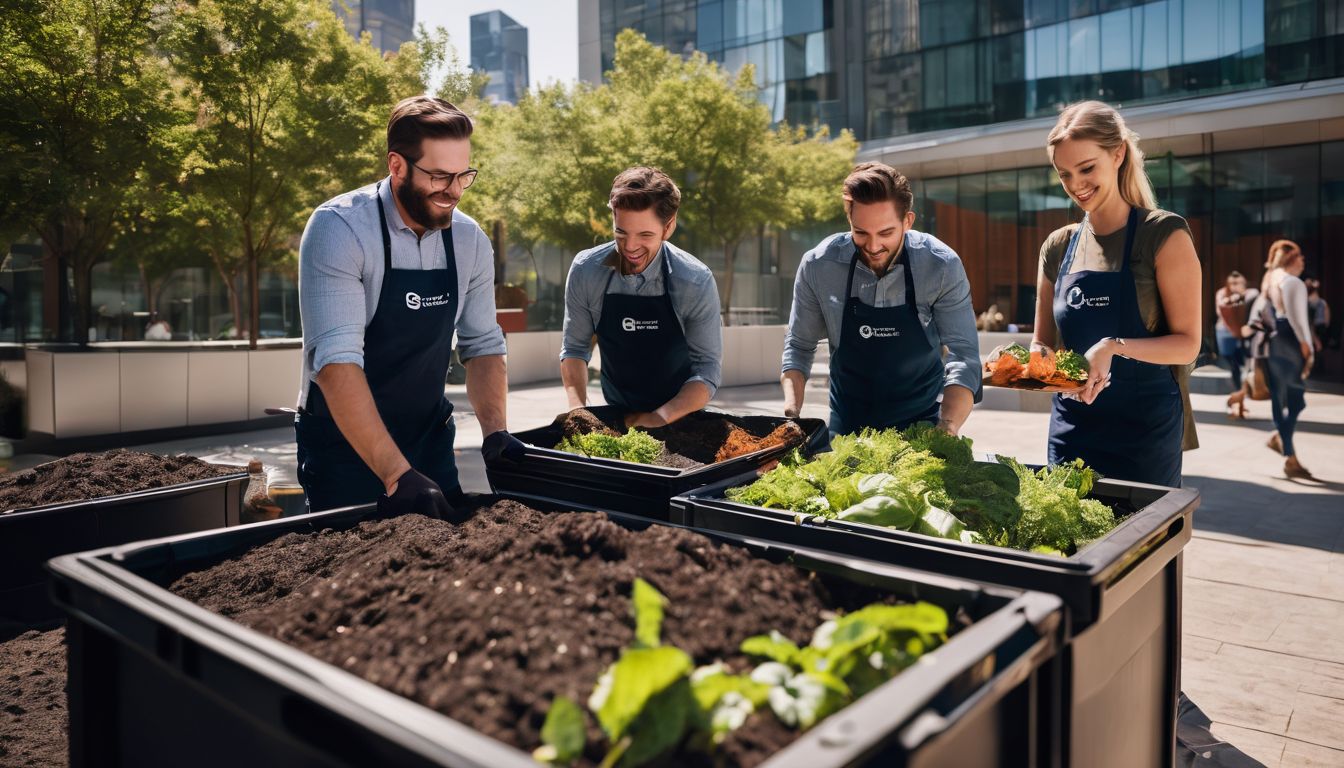 A diverse group of employees composting together in a sunny office courtyard.