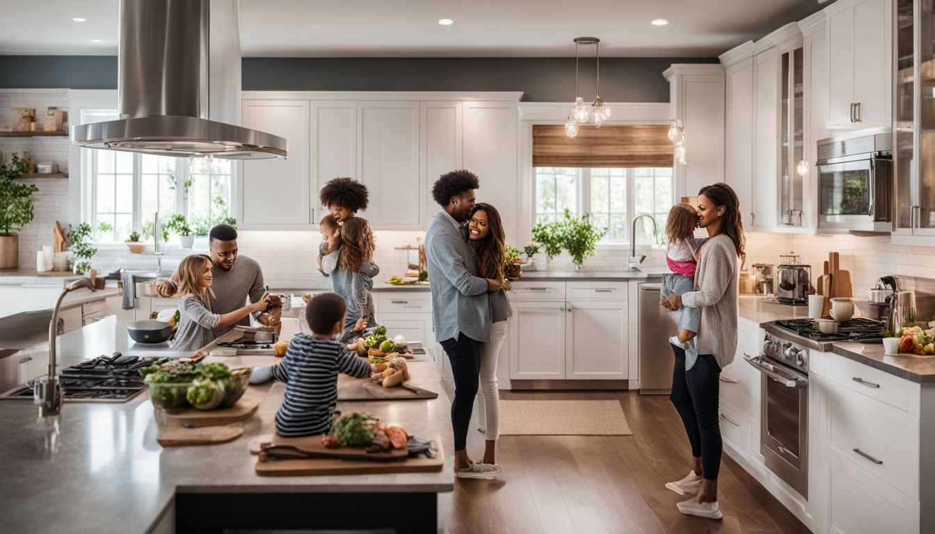 A diverse family cooks together in a modern kitchen with energy-efficient appliances.