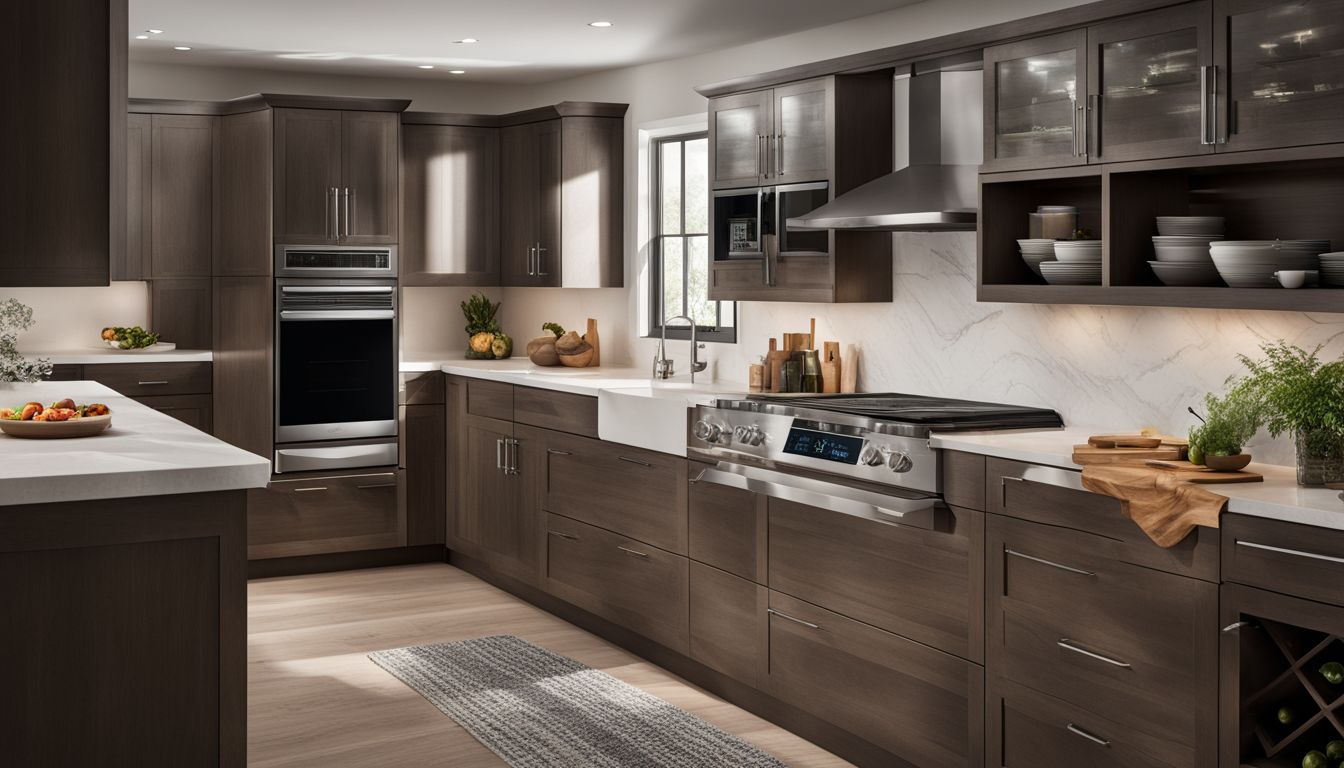 A modern kitchen with a high-quality microwave, various detailed features, and professional photography.