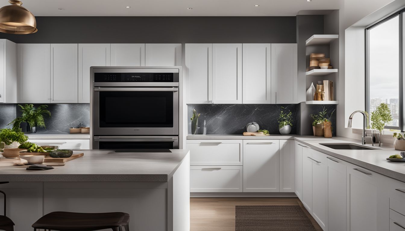 A modern kitchen with an installed over-the-range microwave and a bustling cityscape displayed on a DSLR camera.