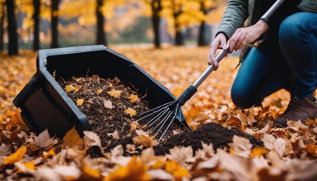 A person composting in a garden surrounded by fallen leaves, captured in a photo with natural lighting and a wide-angle lens.