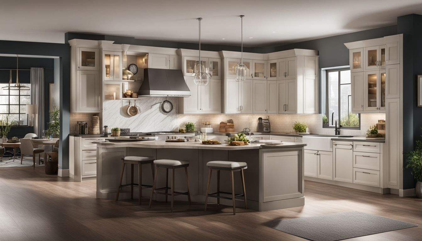 A stylish kitchen featuring a Samsung over-the-range microwave as the centerpiece, with diverse individuals and a bustling atmosphere.