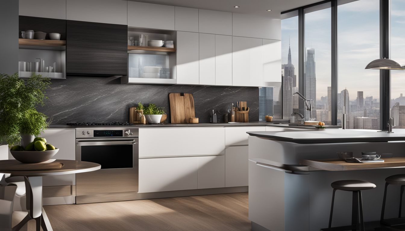 A sleek stainless steel microwave in a modern kitchen surrounded by various people with different styles and outfits.