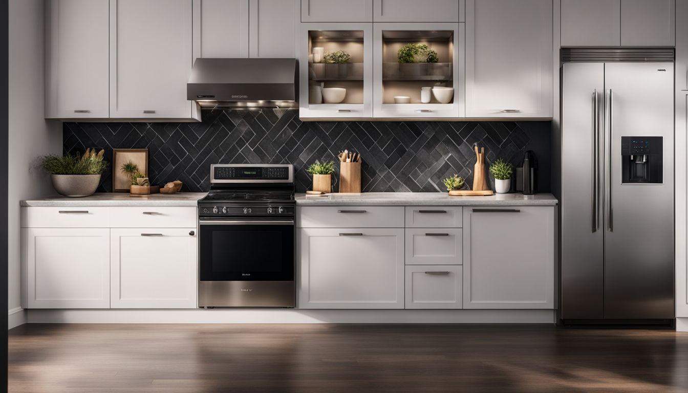 A modern kitchen with a fingerprint resistant black stainless steel microwave, featuring a diverse group of people.