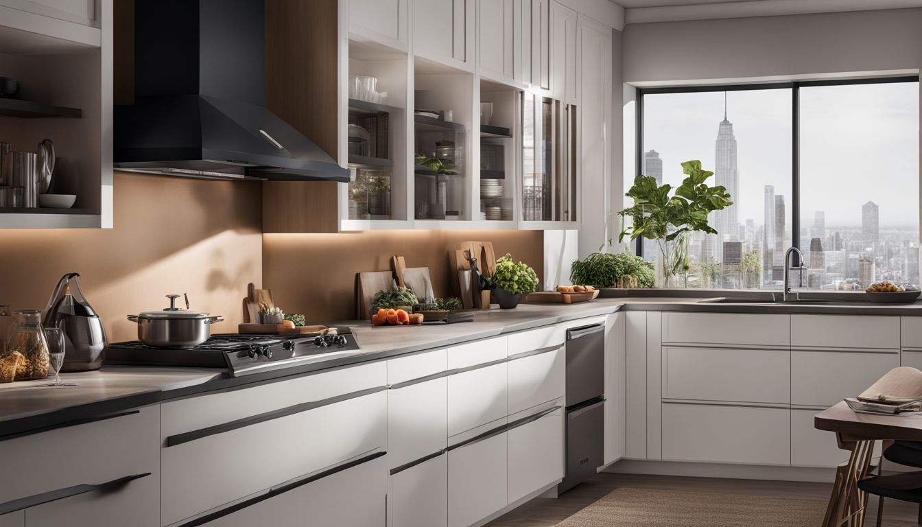 A stylish kitchen with a sleek GE over-the-range microwave, showcasing its modern design and functionality.