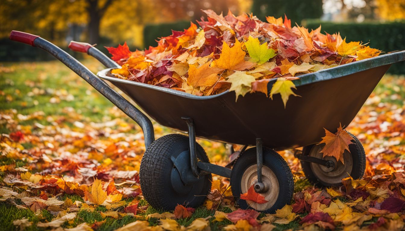 This photo captures a wheelbarrow filled with autumn leaves and freshly cut grass, showcasing a diverse group of people.