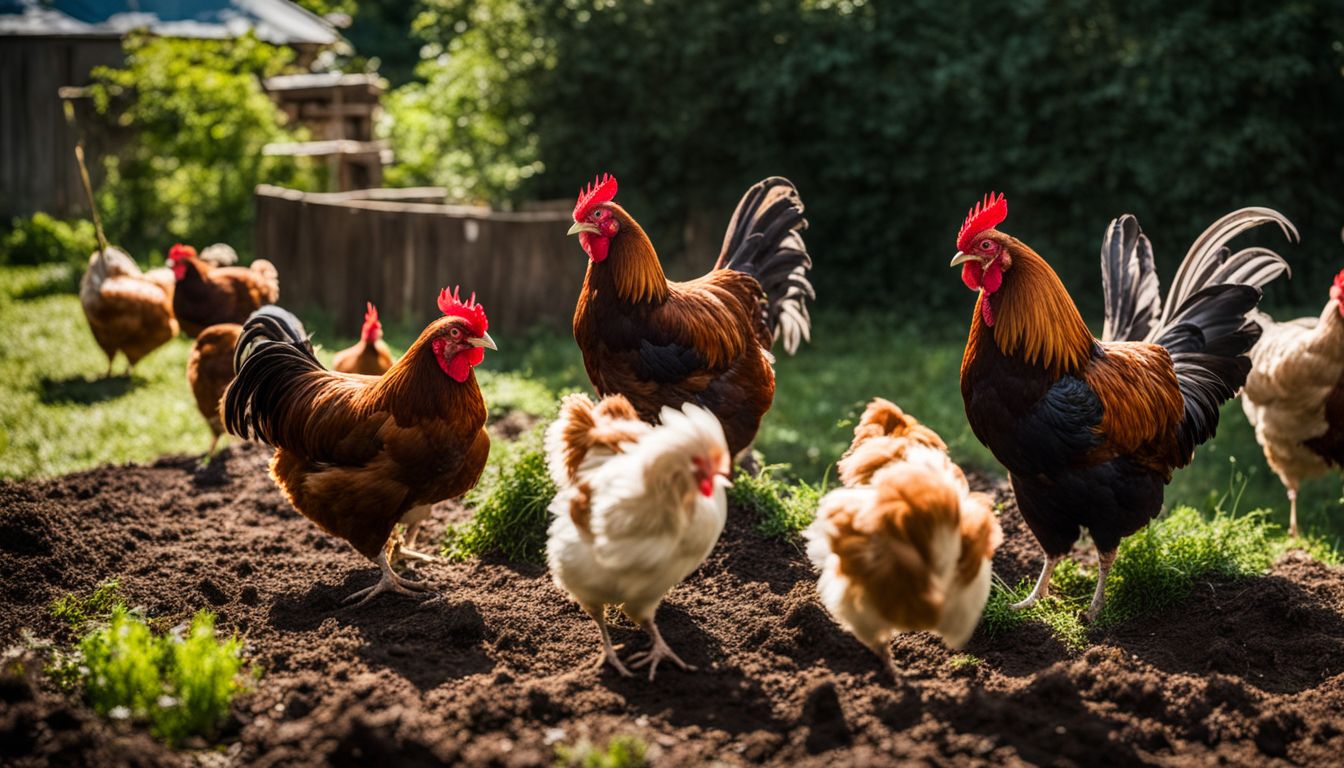 A diverse group of chickens peck and scratch in a garden compost pile, creating a vibrant and bustling atmosphere.