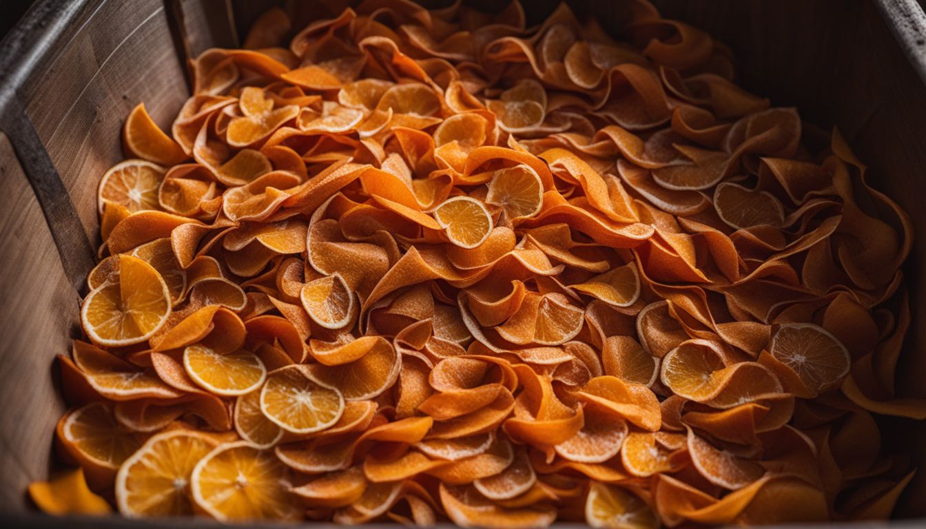 An organized compost bin full of neatly arranged orange peels, captured in high-quality detail.
