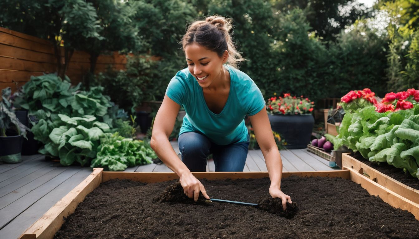 A person spreading compost on a garden bed surrounded by vegetable plants, captured in a vibrant and bustling atmosphere.