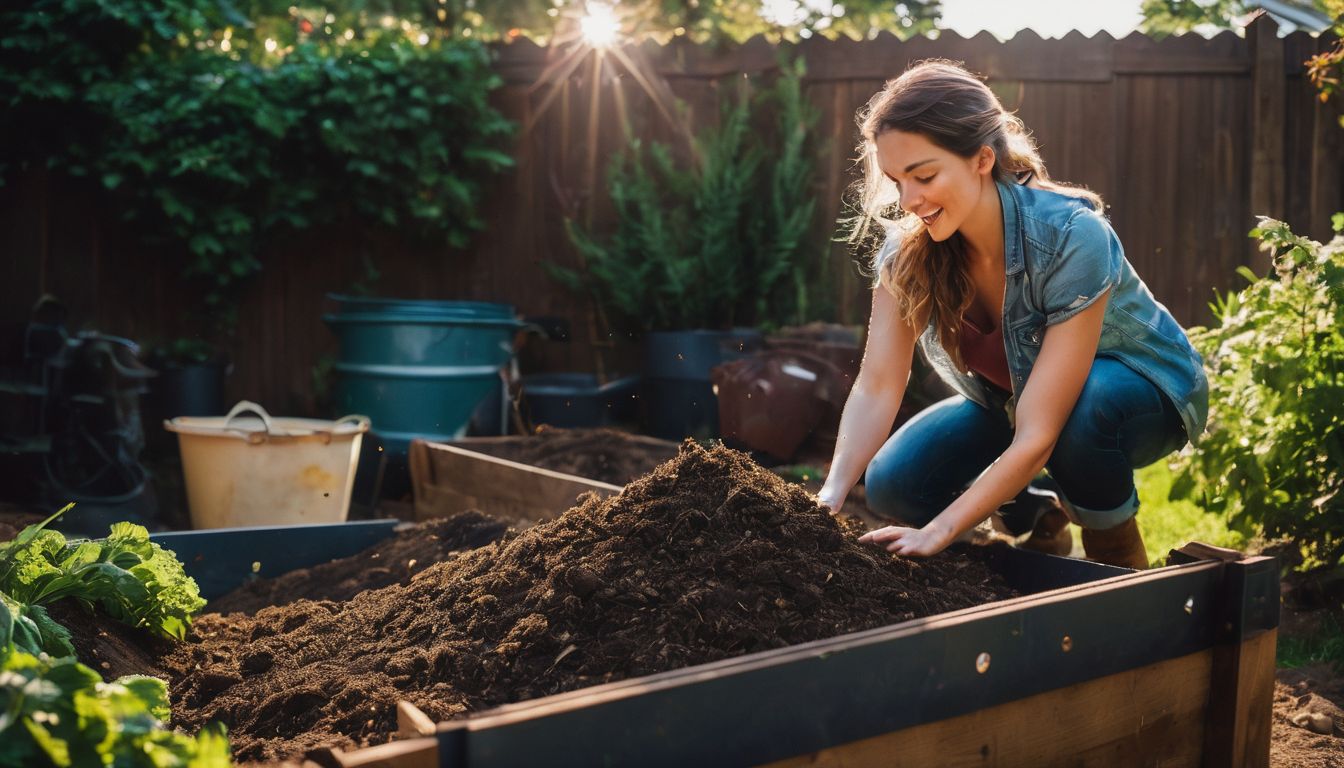 A person turns a compost pile in a backyard garden, with different people and a bustling atmosphere.