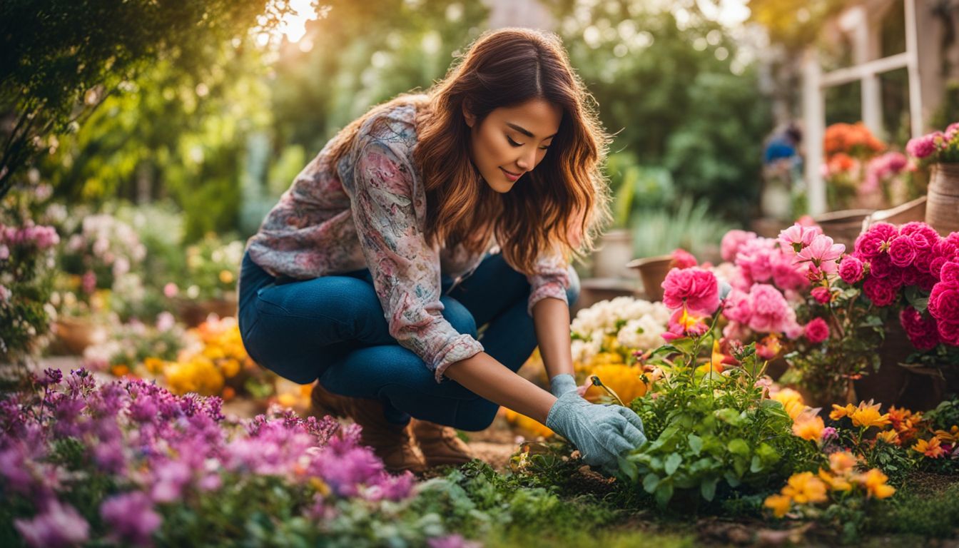 A woman planting a tree in a garden surrounded by colorful flowers, with different people and beautiful nature photography.