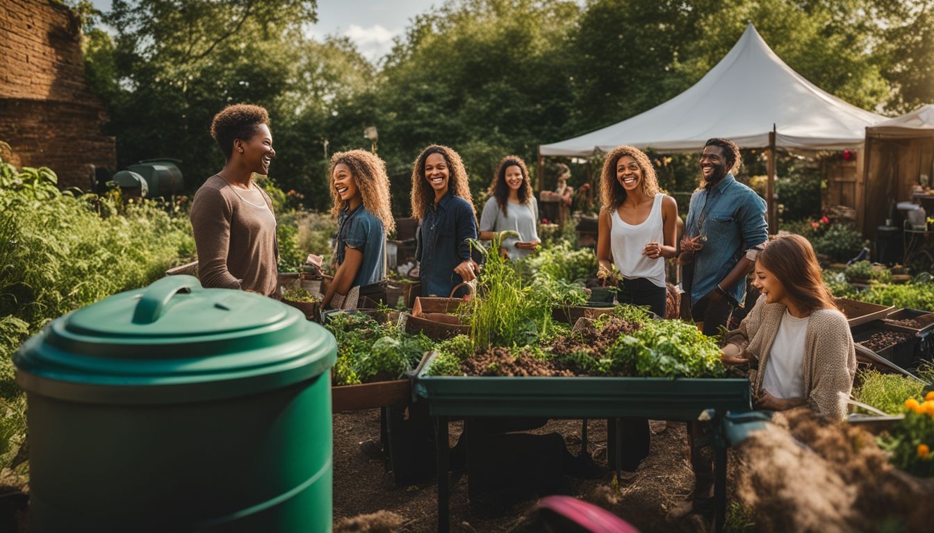 A diverse group of residents smiling in a lush community garden with a compost bin.