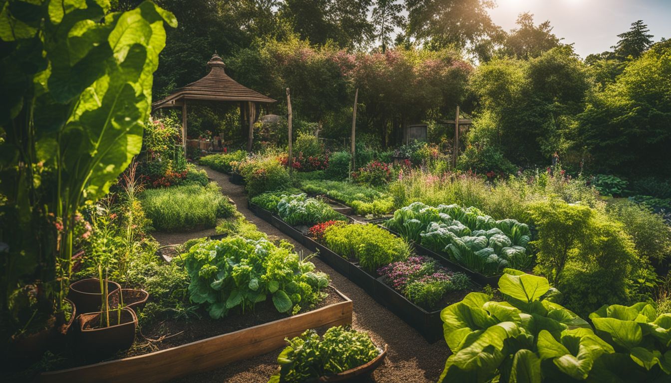 A diverse group of people enjoying a thriving garden with lush plants and vegetables.