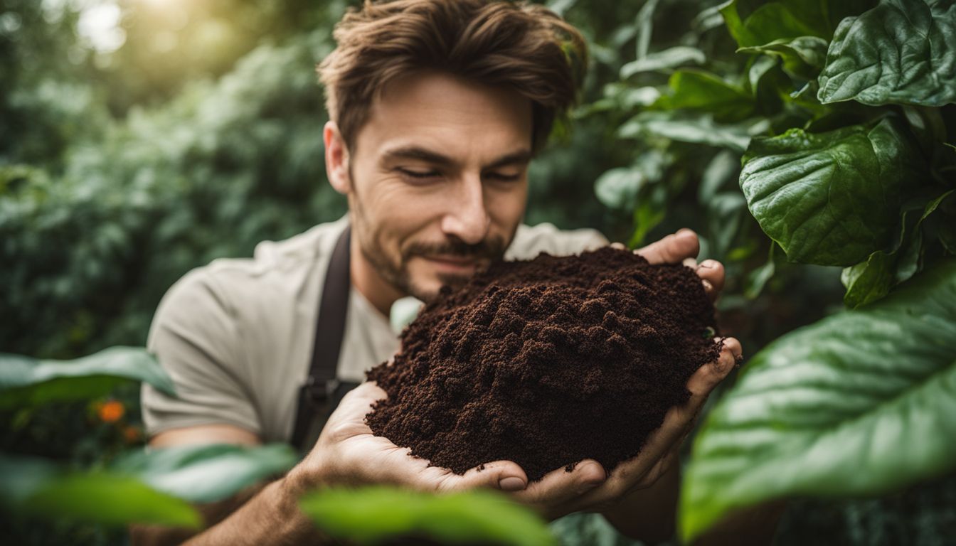 A gardener with coffee grounds surrounded by lush plants in a bustling atmosphere, captured in high-resolution for a realistic, detailed photograph.