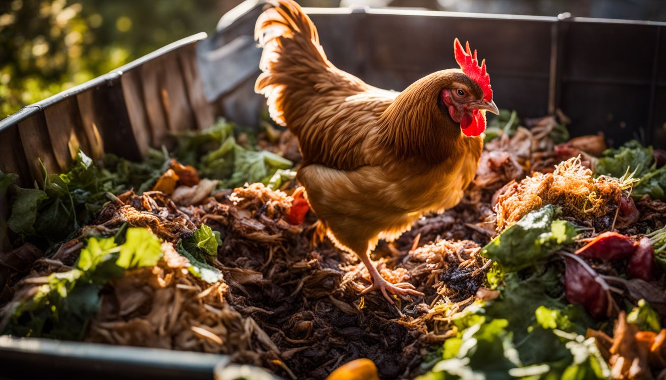 A chicken pecks at food scraps in a compost bin in a bustling atmosphere, captured in a crystal clear photo.
