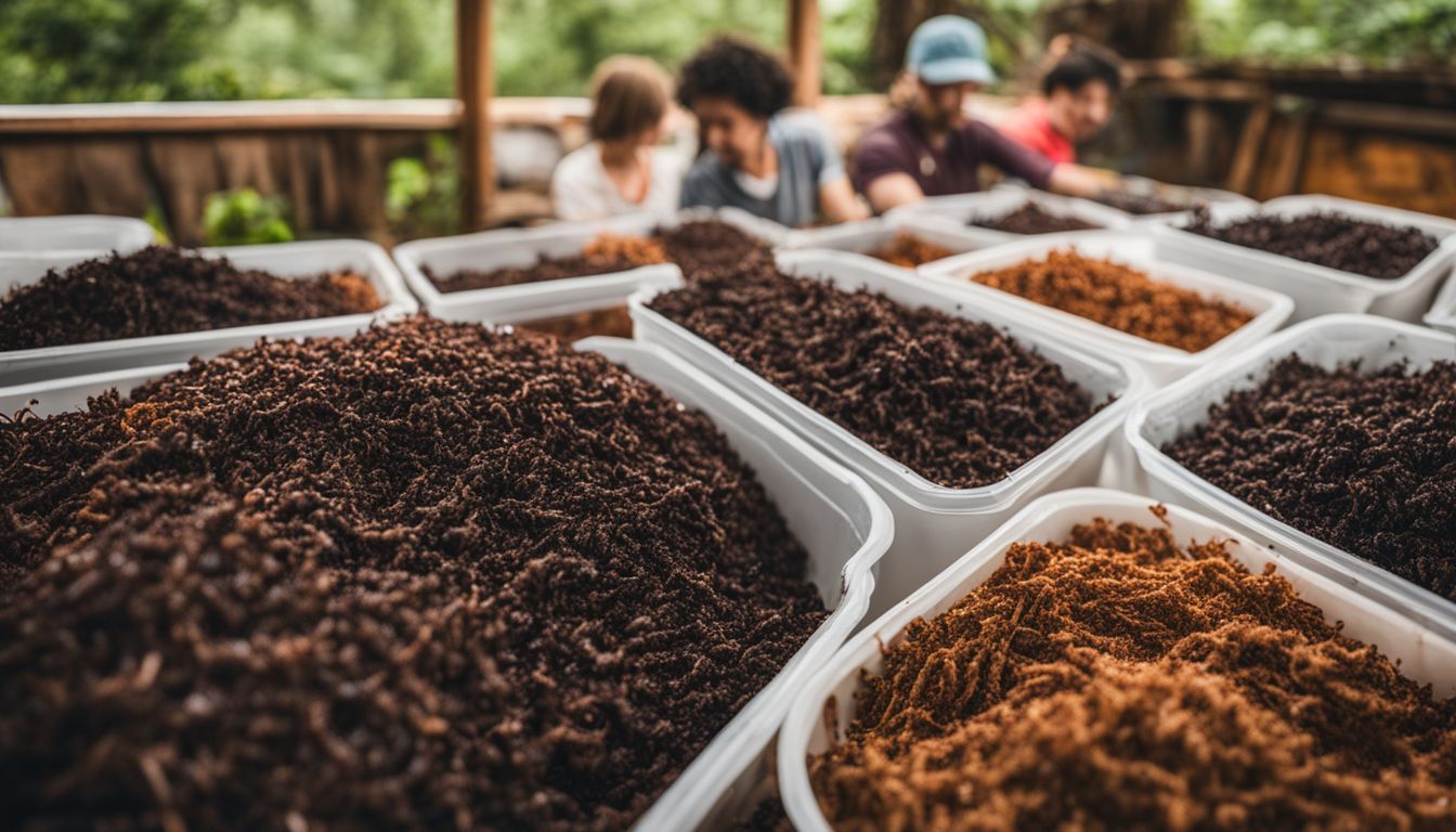 A thriving worm farm with a diverse population of composting worms, captured in a high-quality photo.
