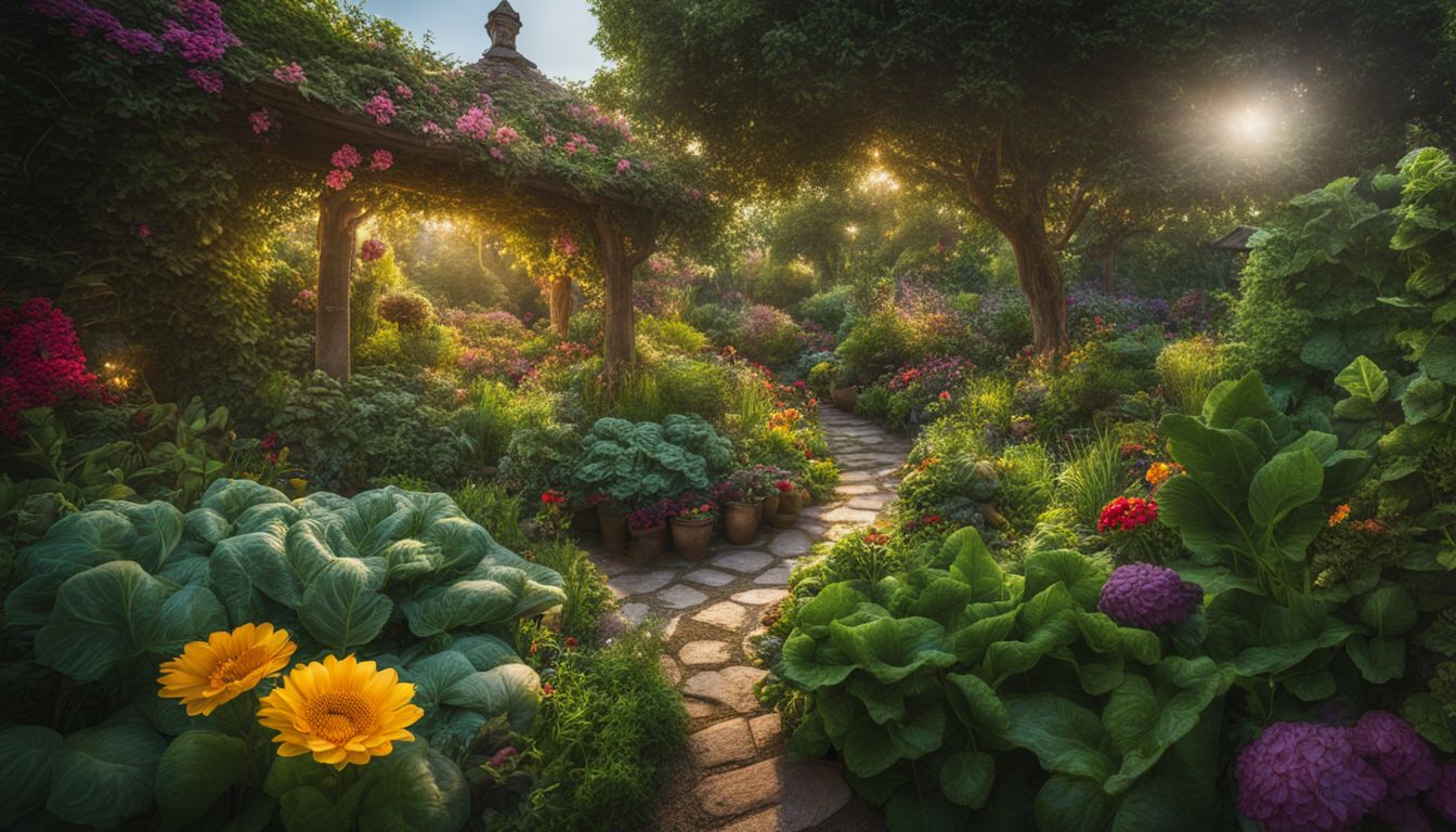 A diverse and vibrant garden with thriving flowers, vegetables, and plants, captured in high detail and vivid colors.