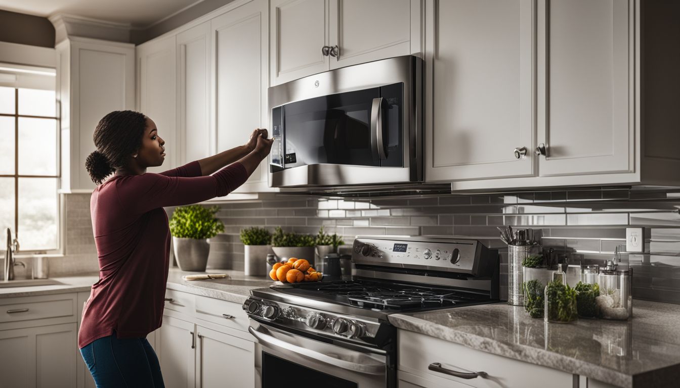 A person installing a GE Over the Range Microwave in a modern kitchen.
