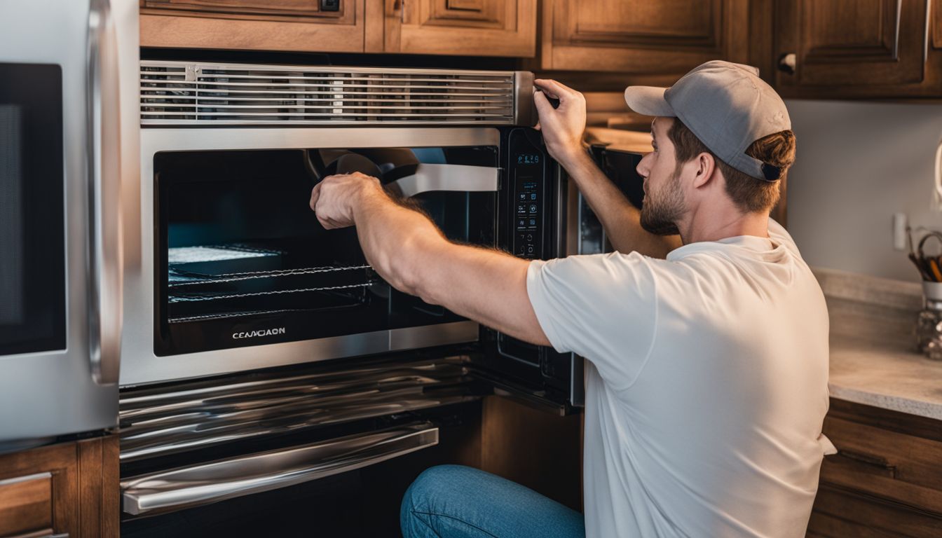 A technician installs an over-the-range microwave, checking connections and wiring.