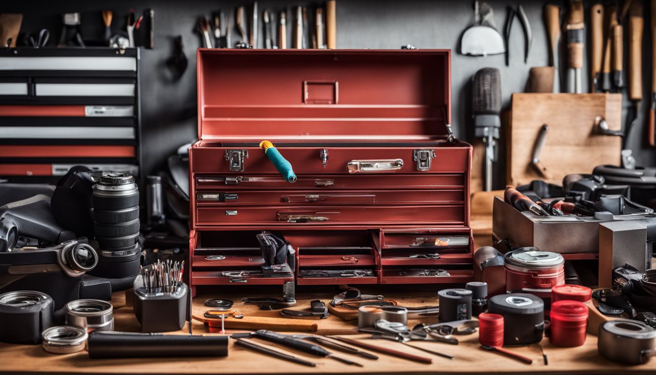 A neatly organized toolbox and step-by-step installation manual surrounded by various tools in a bustling atmosphere.