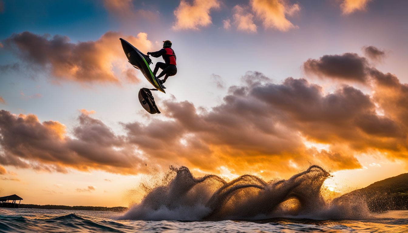 A jet ski rider performs a mid-air backflip against a vibrant sunset backdrop.