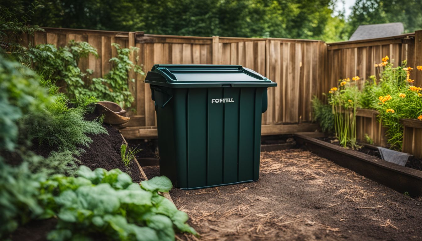 A compost bin in a tidy garden with various people, hairstyles, and outfits, capturing a bustling and natural atmosphere.