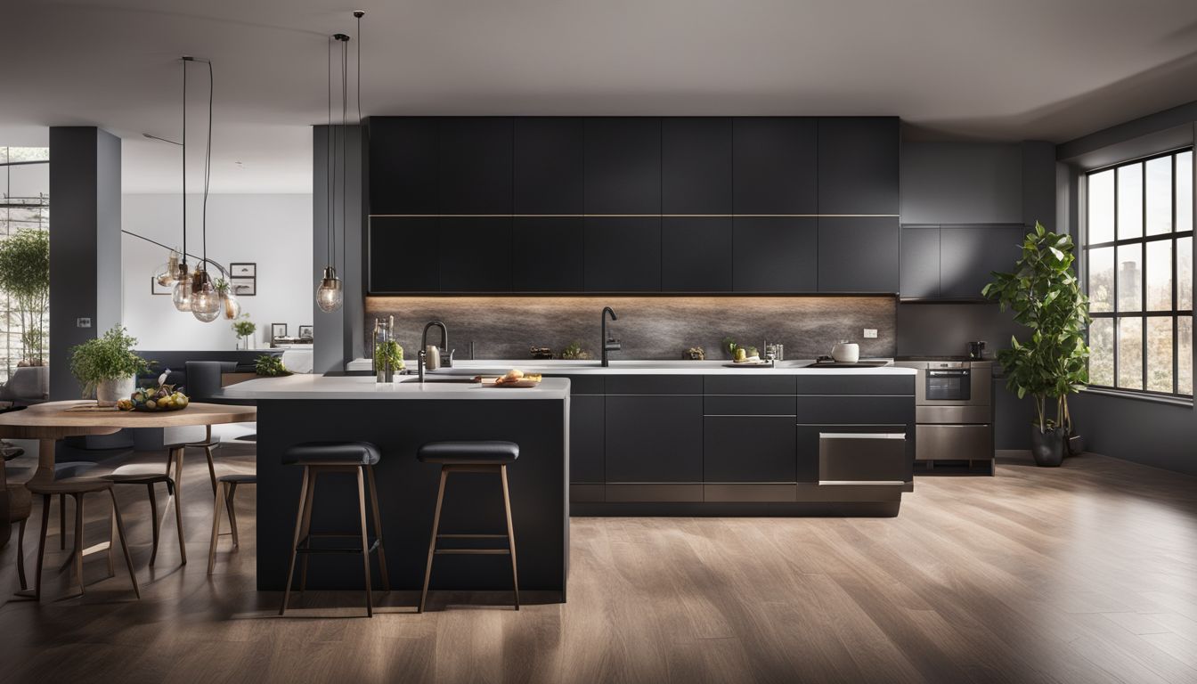 A modern kitchen with LG's sleek black stainless steel appliances and a bustling atmosphere.