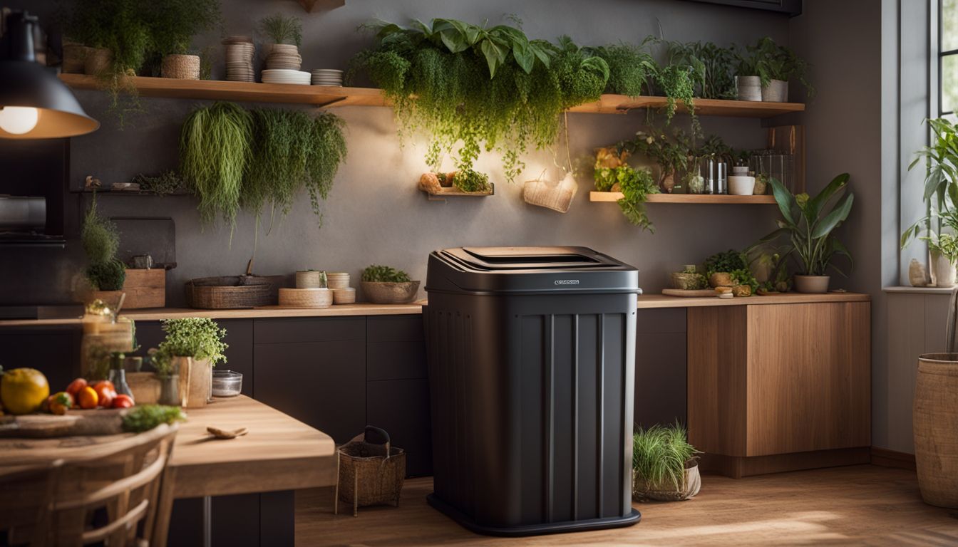 A photo of a mini composting bin in a cozy apartment kitchen surrounded by indoor plants, showcasing diversity and everyday life.
