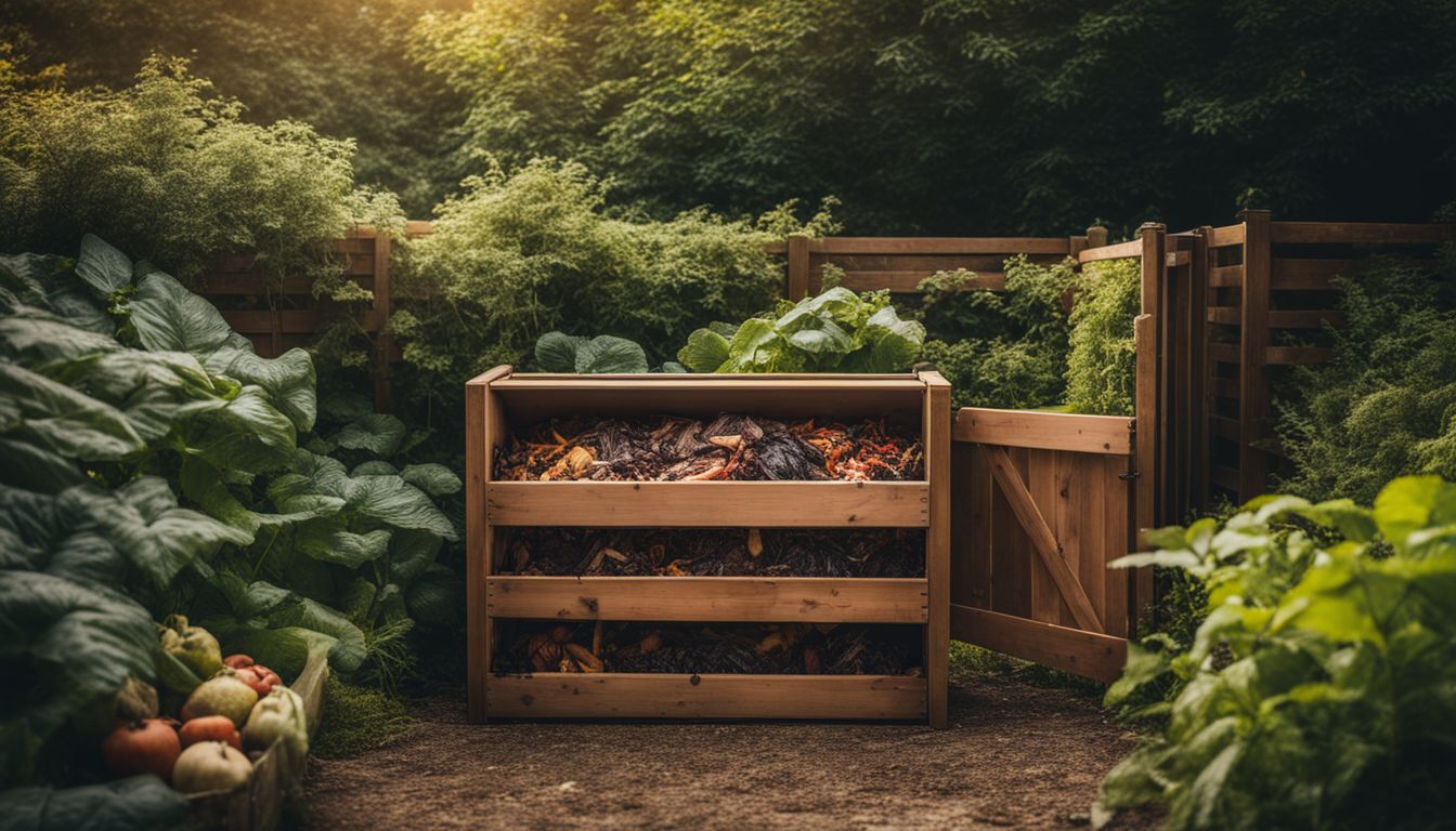 Image subject: A wooden compost bin in a lush garden surrounded by diverse people and various organic waste.