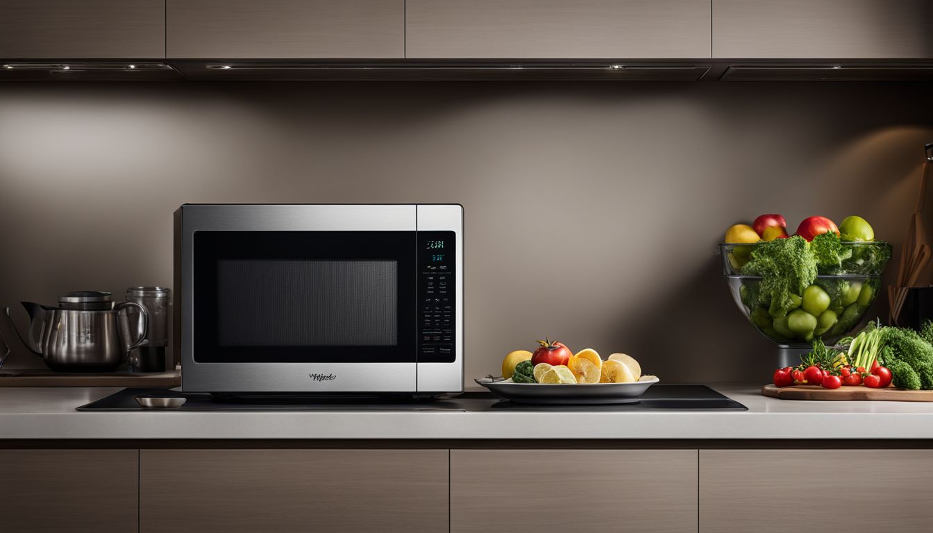 A clean and well-maintained Whirlpool microwave in a modern kitchen setting with various people of different styles and poses.