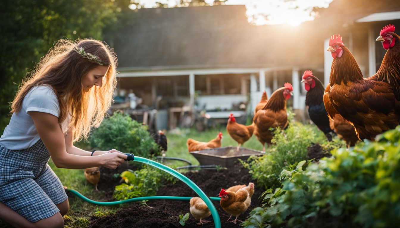 A person watering a compost pile with chickens in a bustling garden setting.