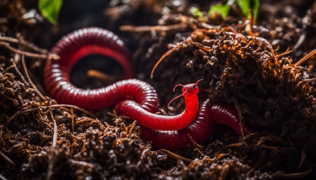 Two red worms mating in a compost pile, photographed in high resolution with clear detail and vibrant color.